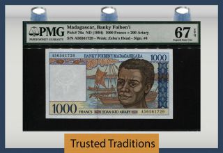 Tt Pk 76a Nd (1994) Madagascar 1000 Francs = 200 Ariary Pmg 67q Gem Unc
