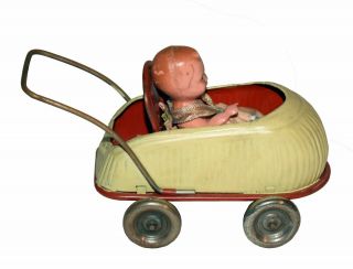 Us Zone Germany Tin Toy Stroller With German Doll -
