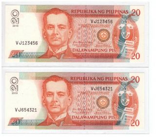 2010 Philippines 20 Peso Nds Arroyo & Tetangco Ladder Vj 123456 & Vj 654321 Unc