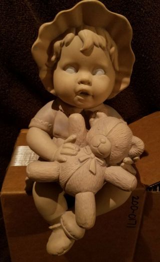 Vintage Creepy Ceramic Shelf Sitter Zombie Doll Holding Teddy Halloween Oddity