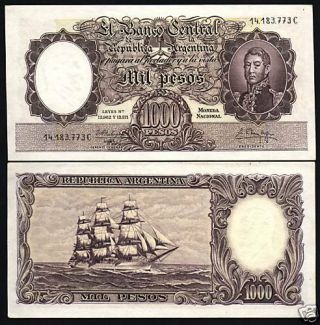 Argentina 1000 1,  000 Pesos P274 1955 - 1965 Sailing Ship Unc Latino Money Banknote