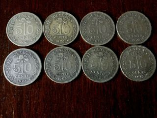 Ceylon Sri Lanka 8 X.  50 Cents Silver Coins 1903 - 1928