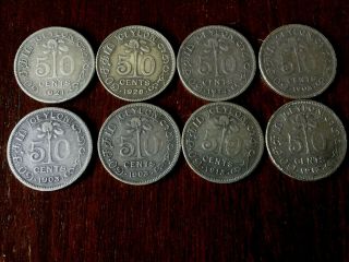 Ceylon 8 X.  50 Cents Silver Coins In Protective Packaging - 1893 To 1926