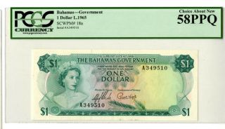 Bahamas Government,  L.  1965,  $1,  P - 18a Issued Banknote Pcgs Au 58ppq