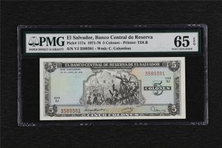 1971 - 76 El Salvador Banco Central De Reserva 5 Colones Pick 117a Pmg 65 Epq Unc