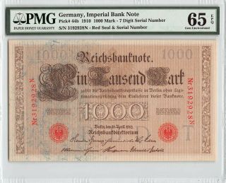 Germany,  Reichsbanknote 1910 P - 44b Pmg Gem Unc 65 Epq 1000 Mark