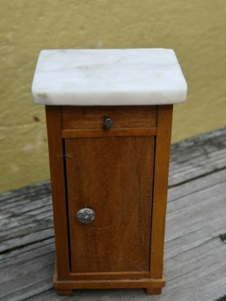 Antique German Doll House Miniature Schneegas Wood Night Stand With Marble Top