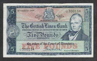 F12 Scotland British Linen Bank 18th Of August 1964 P166c Fiver,  Vf