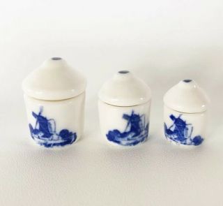 Vintage Dollhouse Miniature Delft Pottery Porcelain Kitchen Canister Set W/ Lids