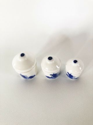 Vintage Dollhouse Miniature Delft Pottery Porcelain Kitchen Canister Set W/ Lids 3