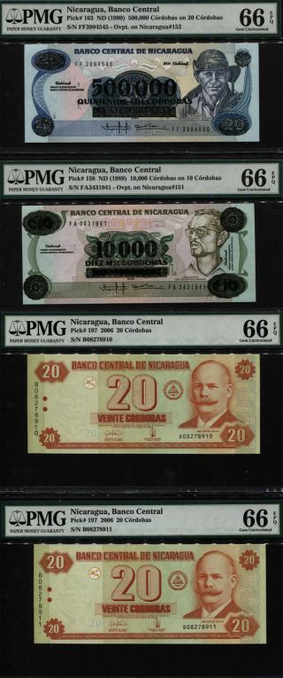 Tt Nicaragua Diverse Medley Of Notes From Series 1989 - 2006 Pmg 66 Epq Set Of 4