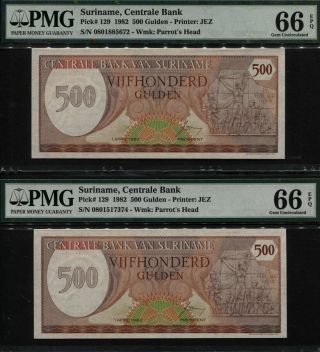 Tt Pk 129 1982 Suriname Centrale Bank 500 Gulden Pmg 66 Epq Gem Unc Set Of Two