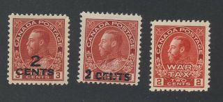 3x Admiral Mh Stamps 139 - 2c/3c 140 - 2c/3c Mr2 - 2c War Tax Guide Value = $100.  00