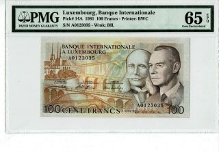 Luxembourg Bangue P 14a 1981 100 Francs Prefix A Pmg 65 Epq Gem Unc