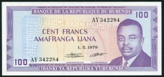 Burundi 100 Francs 1979.  05.  01.  Prince Rwagasore P29a Unc