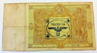50 Zlotych 1929 Poland Banknote Occupation Nazi Stamp Waffen Ss