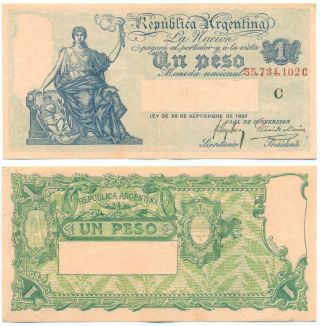 Argentina Note 1 Peso 1897 (1923) M.  Arana - Marin B 1552 Suffix C P 243a Xf