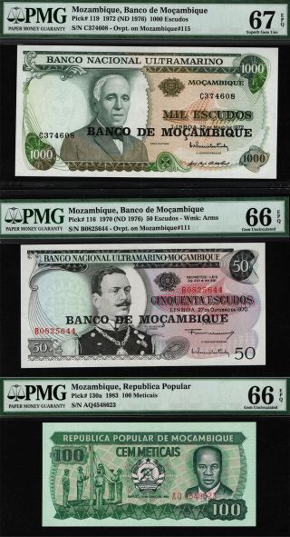 Tt Pk 116,  119,  & 130a Mozambique 100 Meticais 50 & 1000 Escudos Pmg 66 - 67q Set 3