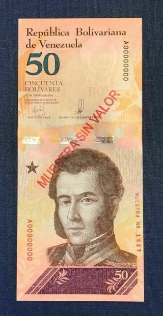 Venezuela 50 Bolivares Soberanos,  Jan - 15 - 2018,  Specimen A8 Unc