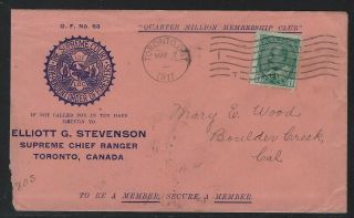 1911 Canada Kevii Cover - I.  O.  F.  Supreme Chief Ranger - Toronto To California