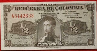 1948 Colombia 1/2 Peso Circulated Note P 345a