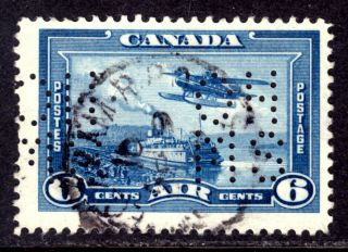 Canada Air Mail Official Oac6 6c Blue,  1938 5 - Hole " Ohms " Perfin,  F,