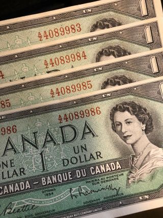 Choice Set Of 4 - 1954 Canadian 1 Dollar Bill Cunc Consecutive Uncirculated Notes