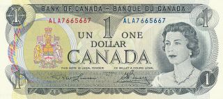 Bank Of Canada 1 Dollar 1973 Ala7665667 Radar Note - Unc