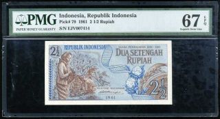 Indonesia 2 1/2 2.  5 Rupiah 1961 P 79 Gem Unc Pmg 67 Epq Nr