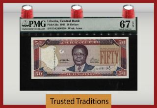 Tt Pk 24a 1999 Liberia Central Bank 50 Dollars Pmg 67 Epq Solely Graded
