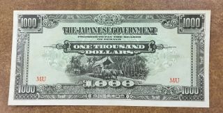 Malaya Japanese Invasion Money 1000 Dollars 1940s Wwii Au Unc