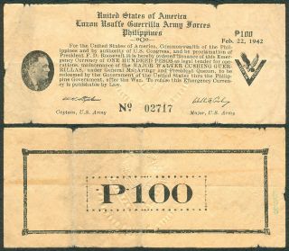 Us Philippines 100 Pesos Luzon Usaffe Guerrilla Ww2 Pres.  Roosevelt Banknote