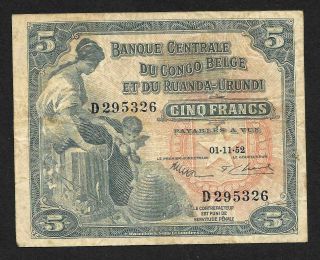 Belgian Congo Ruanda Urundi 5 Francs 01 - 11 - 1952 P21