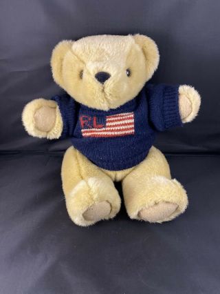 Vintage Ralph Lauren Polo 15 " Teddy Bear Flag Usa Stuffed Plush Sweater Posable