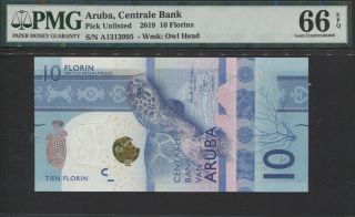 Tt Pk Unl 2019 Aruba - Central Bank 10 Florins " Owl Head " Pmg 66 Epq Gem Unc