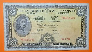 Ireland: Irish Lavery Five Pound Note Dated 10.  1.  1975.