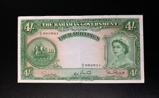 1936 Bahamas Government 4 Four Shillings Banknote,  Issued 1953,  A/4 005951