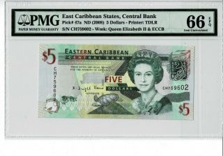 East Caribbean P 47a 2008 5 Dollars Prefix Ch Pmg 66 Epq Gem Unc