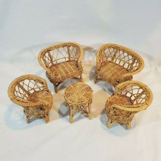 Vintage Wicker Rattan 2 Chairs,  2 Sofas Table Set Barbie Doll Patio Furniture