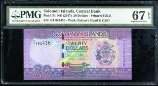 Solomon Islands 20 Dollars Nd 2017 P 34 Gem Unc Pmg 67 Epq Nr