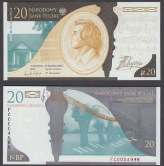 Poland 20 Zlotych 2009 Unc Banknote P - 181 Commemorative Chopin