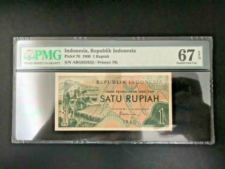1960 Indonesia Bank Indonesia 1 Rupiah Pick 76 Pmg 67 Epq