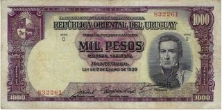 1000 Pesos Uruguay Banco De La Republica Oriental 2.  1.  1939 Pick 41b Vf