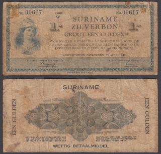 Suriname 1 Gulden (zilverbon) 1942 (vg - F) Banknote Km 105 Wwii