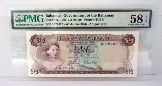 Bahamas,  Government Of.  1965 1/2 Dollar P - 17a Issued Pmg Ch.  Au 58 Epq Tdlr