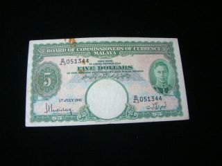 Malaya 1941 $5.  00 Banknote Vf Pick 12 Tiny Cut And Soil At Top