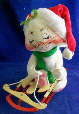 Vintage 1991 Annalee White Christmas Kitty Cat On Wood Sled - Fluffy Tail
