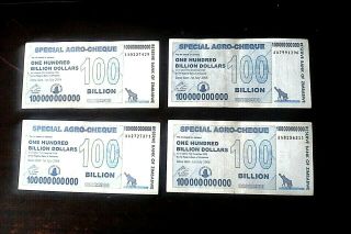 Zimbabwe Bank Notes 4 X 100 Billion Agro - Cheque Price For 4 Notes