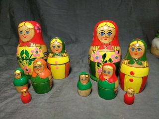 2) Vintage 5 Pc Russian Matryoshka Babushka Nesting Dolls Wooden Hand Painted