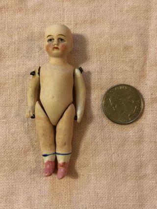 Old Antique Small 3.  5” Tall Pouty Face Bisque Jointed Miniature Doll German